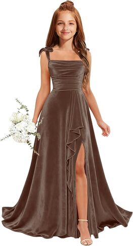 MRHUSH Junior Bridesmaid Dresses for Teen Girls Velvet Flower Girl Dress Ruffles Wedding Guest Spaghetti Straps Party Gowns in Kuwait