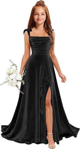 MRHUSH Junior Bridesmaid Dresses for Teen Girls Velvet Flower Girl Dress Ruffles Wedding Guest Spaghetti Straps Party Gowns in Kuwait