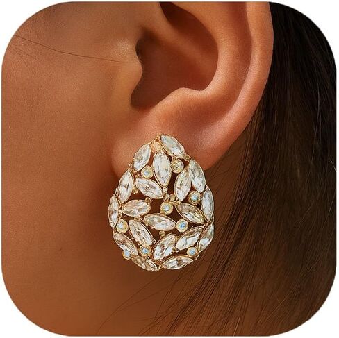 Gold Plated Teardrop Clip On Earrings for Women – Shiny Rhinestone Chunky Cubic Zirconia Dangle Drop Earrings, Hypoallergenic Non-Pierced Jewelry for Wedding, Party, Prom, Gifts in Saudi Arabia