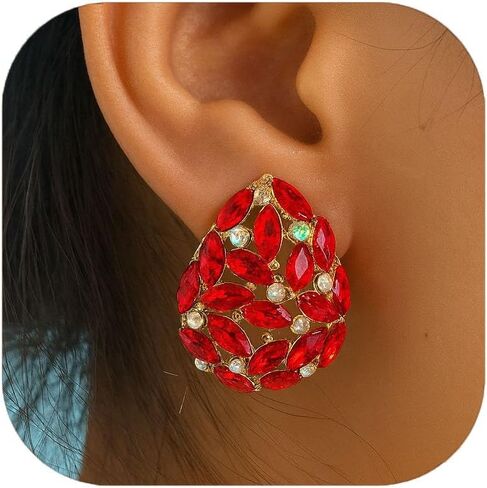 Gold Plated Teardrop Clip On Earrings for Women – Shiny Rhinestone Chunky Cubic Zirconia Dangle Drop Earrings, Hypoallergenic Non-Pierced Jewelry for Wedding, Party, Prom, Gifts in Saudi Arabia
