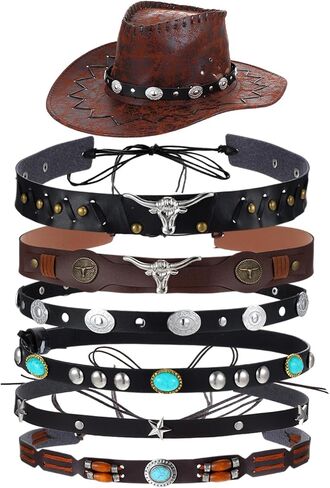 6Pcs Cowboy Hat Bands for Women Men, Ethnic Western Hats Belts, 6 Styls Adjustable Cowboy Hat Band, Western Hatbands Decorating Supplies with Turquoise, Beaded, Star, Cow Pattern in Saudi Arabia