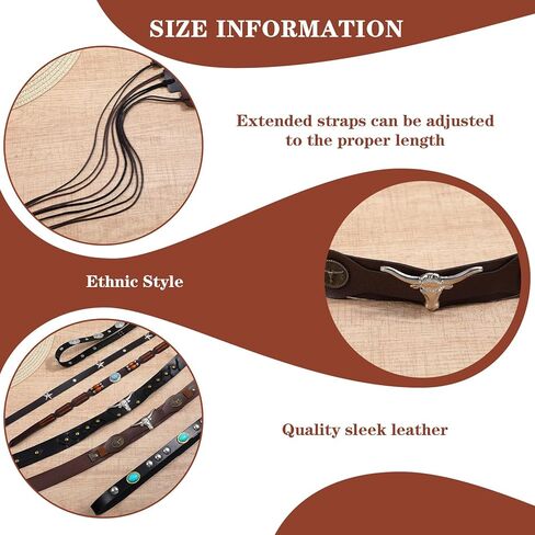 6Pcs Cowboy Hat Bands for Women Men, Ethnic Western Hats Belts, 6 Styls Adjustable Cowboy Hat Band, Western Hatbands Decorating Supplies with Turquoise, Beaded, Star, Cow Pattern in Saudi Arabia