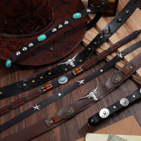 6Pcs Cowboy Hat Bands for Women Men, Ethnic Western Hats Belts, 6 Styls Adjustable Cowboy Hat Band, Western Hatbands Decorating Supplies with Turquoise, Beaded, Star, Cow Pattern in Saudi Arabia