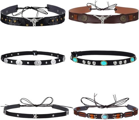 6Pcs Cowboy Hat Bands for Women Men, Ethnic Western Hats Belts, 6 Styls Adjustable Cowboy Hat Band, Western Hatbands Decorating Supplies with Turquoise, Beaded, Star, Cow Pattern in Saudi Arabia