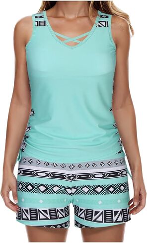 Blouson Tankini Swimsuits for Women Two Piece Tummy Control Bathing Suits with Boy Shorts Athletic Modest Swimwear in Saudi Arabia