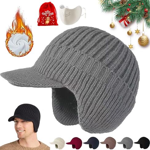 Winter Beanie Hat with Brim Ear Flaps, Knitt Warm Earflap Hats, Warm Fleece Lined Knit Hat Unisex for Cold Weather in Saudi Arabia