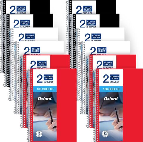 Oxford Two Subject Notebooks College Ruled, Spiral Notebook 6x9 1/2" 100 Sheets, 3 Pack of College Ruled Notebook With Pockets, Poly Cover, Red, White, and Black Notebook in Kuwait
