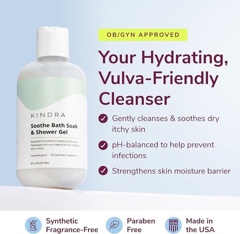 Kindra Soothe Soak - غسول أنثوي مرطب للفرج - منظف حميم يوازن درجة الحموضة للبشرة الحساسة الجافة والحكة - خالٍ من العطور، تم اختباره من قبل GYN، يوصي به الطبيب (8 أونصة سائلة) in Saudi Arabia