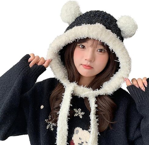 Women Bear Hat Cute Winter Trapper Hat Girl Earflap Knit Beanie Outdoor Tropper Outdoor Hooded Headwear with Bear Ear in Saudi Arabia