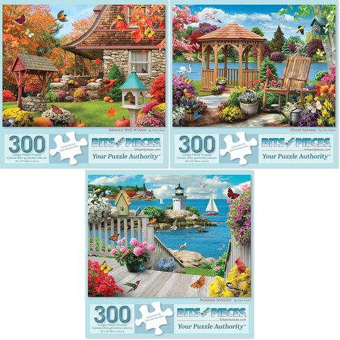 Bits and Pieces – Value Set of Three 500 Piece Jigsaw Puzzles for Adults – Autumn Well Wishes, Seacost Serenity, Floral Fantasy Jigsaw Puzzles by Artist Alan Giana, Completed Puzzle Size: 18" x 24" in Kuwait