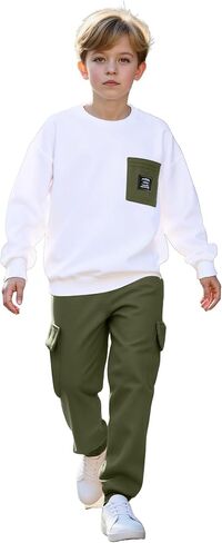 Boys Clothes Dark Brown Pocket Minimalist Top & Solid-Color Trousers Casual Outdoor Fashion Set,8-12 Years in Kuwait