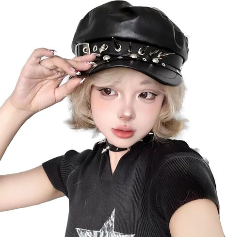 Women's Yacht Captain Cap Sailor Hat Rivet Studded Leather Newsboy Cabbie Beret Punk Rocker Cap Hat in Saudi Arabia