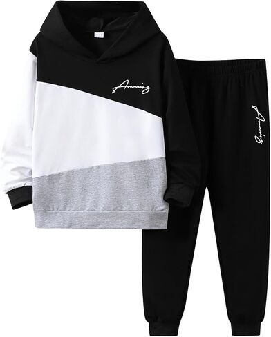 Boys Clothes Fashion Letter Printed Color blocked Hooded Top+ Solid Color Pants Outfits Set in Kuwait