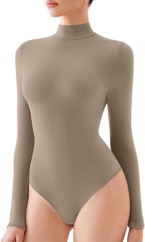REORIA Women's Long Sleeve Bodysuits Mock Turtleneck Slim Tight Double Lined Basic Layering Body Suits Tops Fall Winter Outfits 2024(Light Coffee Small) in Kuwait