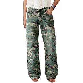 Flamingals Straight Leg Jeans for Women Mid Rise Casual Wash Floral Embroidery Denim Pants in Kuwait