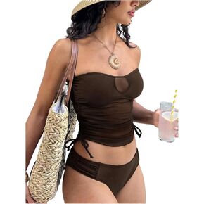 SHENHE Women's Strapless Tankini Swimsuit Ruched Drawstring Mesh Bandeau Bathing Suits in Saudi Arabia