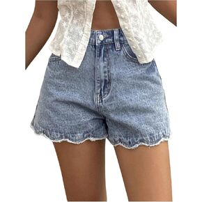 SHENHE Women's Denim Shorts High Waisted Scalloped Frayed Raw Hem Casual Jorts Jean Shorts in Saudi Arabia