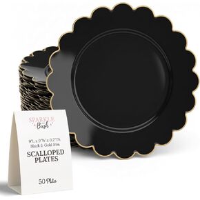 Sparkle and Bash 50 Pack Pink and Gold Plastic Plates, 9 Inch Scalloped Plates with Gold Rim for Birthday Party, Baby Shower in Kuwait