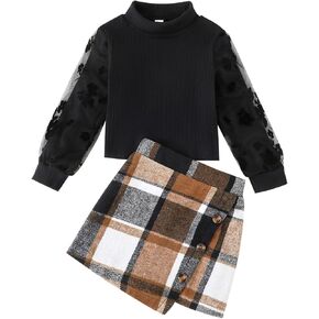 Girls Plaid Outfits Toddler Lace Sleeve Tops Plaid Mini Skirt Shorts Casual Winter Fall Dresses in Kuwait