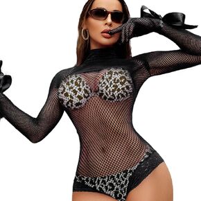 FHSEER-Fishnet Bodysuit Women Lingerie Sets Lace Mesh Bodysuit Hallow Out Teddy Lingerie Fishent Long Sleeve Bow Nightwear in Saudi Arabia