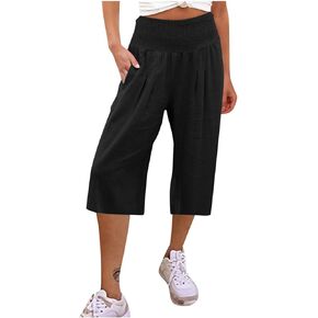 بنطال ذو قصة أرجل واسعة للنساء من الكتان كابريس سروال عالي الخصر فضفاض مناسب خفيف الوزن كابري ملابس الصيف للشاطئ للنساء in Kuwait