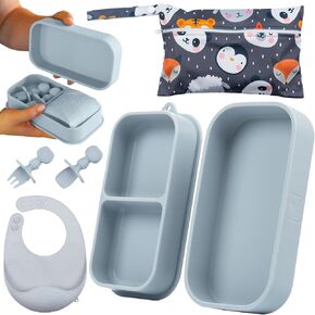 Travel Silicone Baby Feeding Set - Portable Toddler Feeding Supplies with Silicone Baby Spoon & Fork, Suction Plates for Toddler, Lightweight Foldable Baby Bib & Waterproof Storage Bag - 6 Piece Set in Saudi Arabia