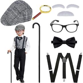 100 يوم من إكسسوارات الأزياء المدرسية للأولاد ملحقات الجد التنكرية مع قبعة ونظارات وعصا وربطة عنق وحمالات وعدسة مكبرة وحواجب وشارب in Kuwait