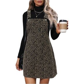 Floerns Women's Corduroy Cheetah Pinafore Dress Cheetah Bib Overall Fall Outfit Suspender Skirt in Saudi Arabia