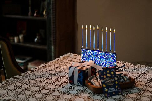 Ner Mitzvah Blue & White Confetti Glass Chanukah Menorah - Handcrafted Painted Glass - Fits Standard Candles in Saudi Arabia
