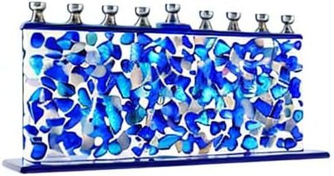 Ner Mitzvah Blue & White Confetti Glass Chanukah Menorah - Handcrafted Painted Glass - Fits Standard Candles in Saudi Arabia