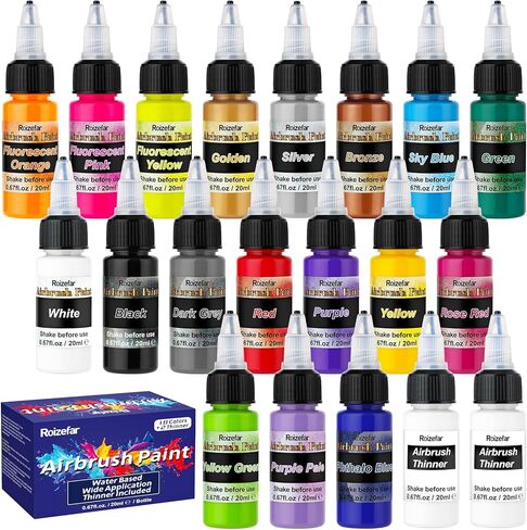 Roizefar Airbrush Paint, 44 Colors with 6 Thinner, Airbrush Paint Set Includes Iridescent & Metallic & Neon & Classic Colors, Water-Based Air Brush Paints Acrylic Ready to Spray, 20ml/Bottle in Kuwait