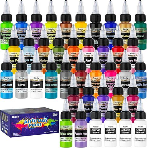 Roizefar Airbrush Paint, 44 Colors with 6 Thinner, Airbrush Paint Set Includes Iridescent & Metallic & Neon & Classic Colors, Water-Based Air Brush Paints Acrylic Ready to Spray, 20ml/Bottle in Kuwait