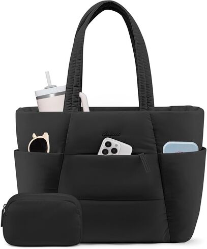 LOVEVOOK Puffer Tote Bag for Women, Large Work Tote with Zip for 15.6In Laptop Teacher Nurse Shouder Bags with Cup Holder in Saudi Arabia