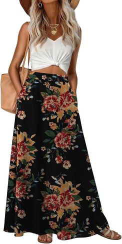 Womens Maxi A-line Long Skirt High Waist Casual Elastic Flowy Skirts with Pockets in Kuwait