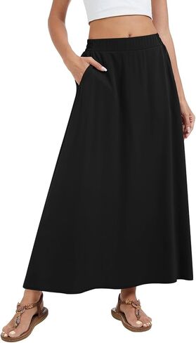 Womens Maxi A-line Long Skirt High Waist Casual Elastic Flowy Skirts with Pockets in Kuwait