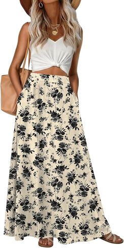 Womens Maxi A-line Long Skirt High Waist Casual Elastic Flowy Skirts with Pockets in Kuwait