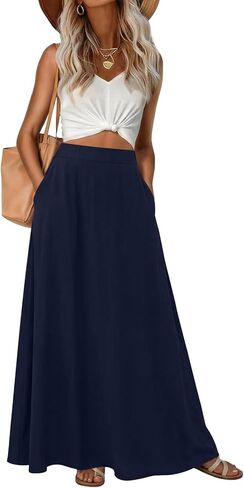 Womens Maxi A-line Long Skirt High Waist Casual Elastic Flowy Skirts with Pockets in Kuwait