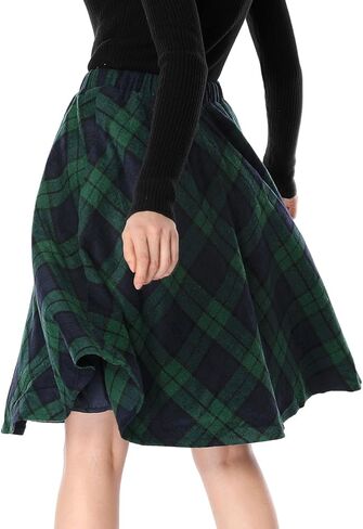 Allegra K Women's Plaids Vintage Tartan Elastic Waist Knee Length A-Line Skirt in Saudi Arabia