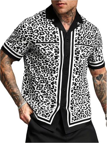 SHENHE Men's Button Down Short Sleeve Leopard Print Shirt Lapel Collar Casual Top in Saudi Arabia