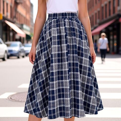 Women's A-Line Pleated Long Winter Warm Elastic Waist Wool Plaid Skirt in Saudi Arabia