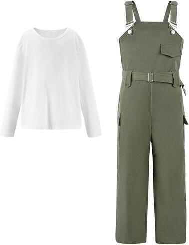 Girls Long Sleeve Top and Cargo Jumpsuit Set Casual Long Pants with Pockets 2 Pieces Outfits in Kuwait