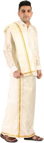 قميص رجالي ذو مظهر حريري وأكمام كاملة + طبقة مزدوجة 8 Mulam Dhoti (حجم مجاني) + منشفة واحدة in Kuwait