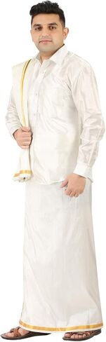 Mens Silk Look Full Sleeve Regular Fit Shirt + Double Layer 8 Mulam Dhoti(Free Size) + Single Towel in Saudi Arabia