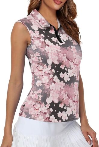 Irisjudy Women Sleeveless Golf Polo Shirts Pink Sea Turtle Quick Dry V Neck Tennis Tops Retro Flower Bird Zip Workout Shirts in Saudi Arabia