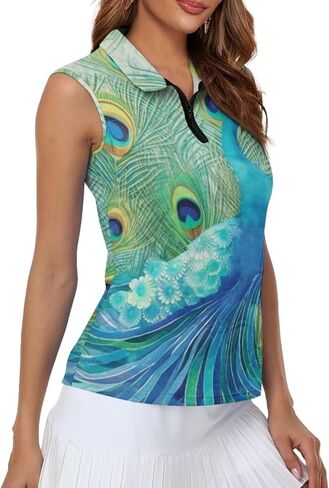 Irisjudy Women Sleeveless Golf Polo Shirts Pink Sea Turtle Quick Dry V Neck Tennis Tops Retro Flower Bird Zip Workout Shirts in Saudi Arabia