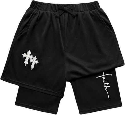 WDIRARA Boy's 2 in 1 Shorts Cross Graphic Workout Basketball Shorts with Compression Liner in Saudi Arabia