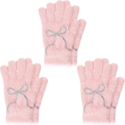 Faux Mink Gloves for Women Pink Winter Warm Bow Fuzzy Fluffy Full Finger Gloves Rhinestone Mittens in Saudi Arabia