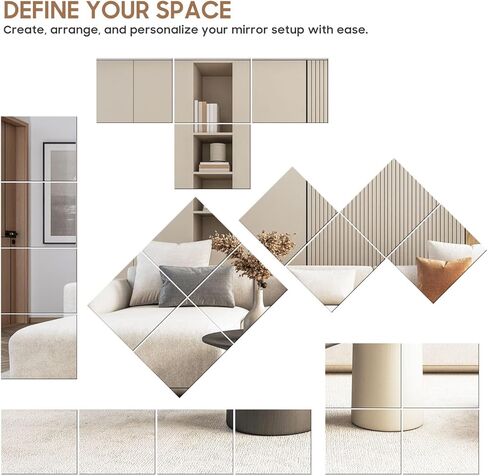 12PCS 14"x12" Home Gym Mirror, Wall Mirrors Decorative Shatterproof Self Adhesive Glass Mirror Tiles for Gym, Bedroom, Bathroom, Living Room in Saudi Arabia