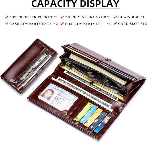 محافظ حجب RFID للنساء، محفظة جلدية طويلة للسيدات، محفظة نسائية ثنائية الطي مع جيب للعملات المعدنية، نافذة لبطاقة الهوية، قهوة in Kuwait