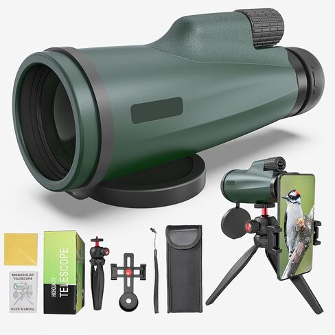80x100 Monocular Telescope for Smartphones - High Powered HD Monocular with Tripod & Adapter, Low Light Vision for Adults - for Wildlife, Bird Watching, Hunting, Hiking in Kuwait